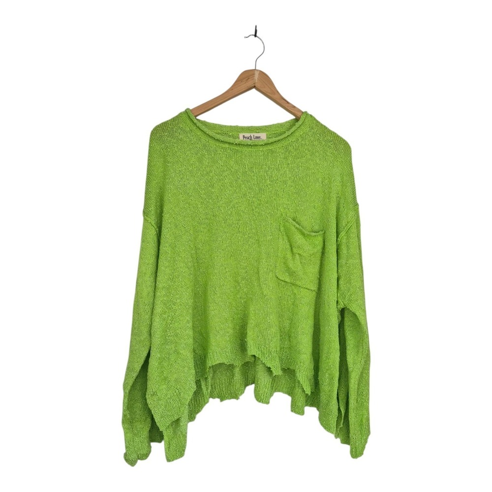 Peach Love California Oversized Lagenlook Boho Distressed Knit Sweater Green L